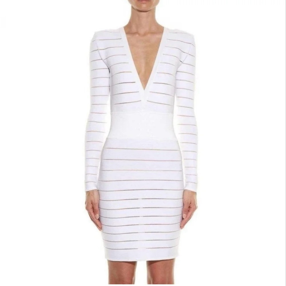 Balmain White Long Sleeve Dress with Subtle Stripes